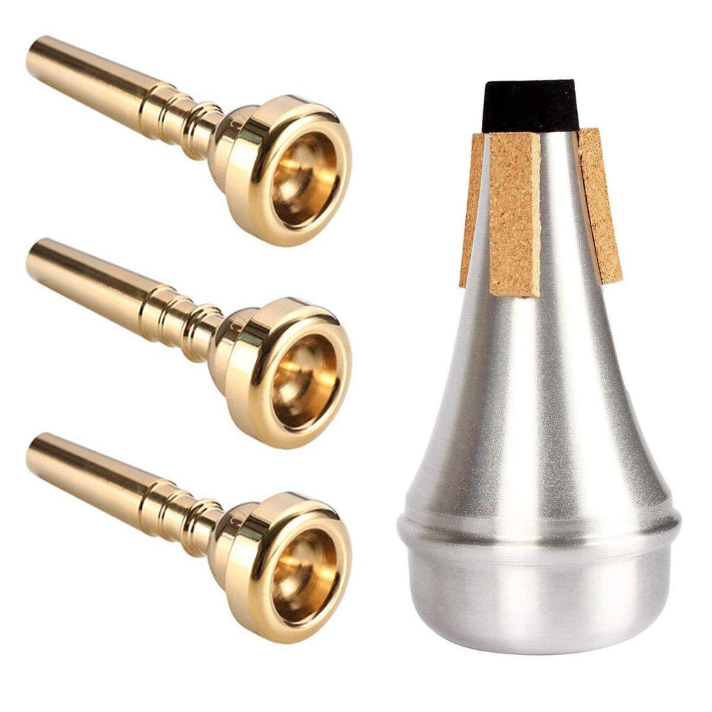3 Pack Trumpet Mouthpiece (3C 5C 7C) with Lightweight Aluminum Practice Trumpet Mute Silencer Fit for Yamaha Bach Conn King Replacement Musical Instruments Accessories, Gold