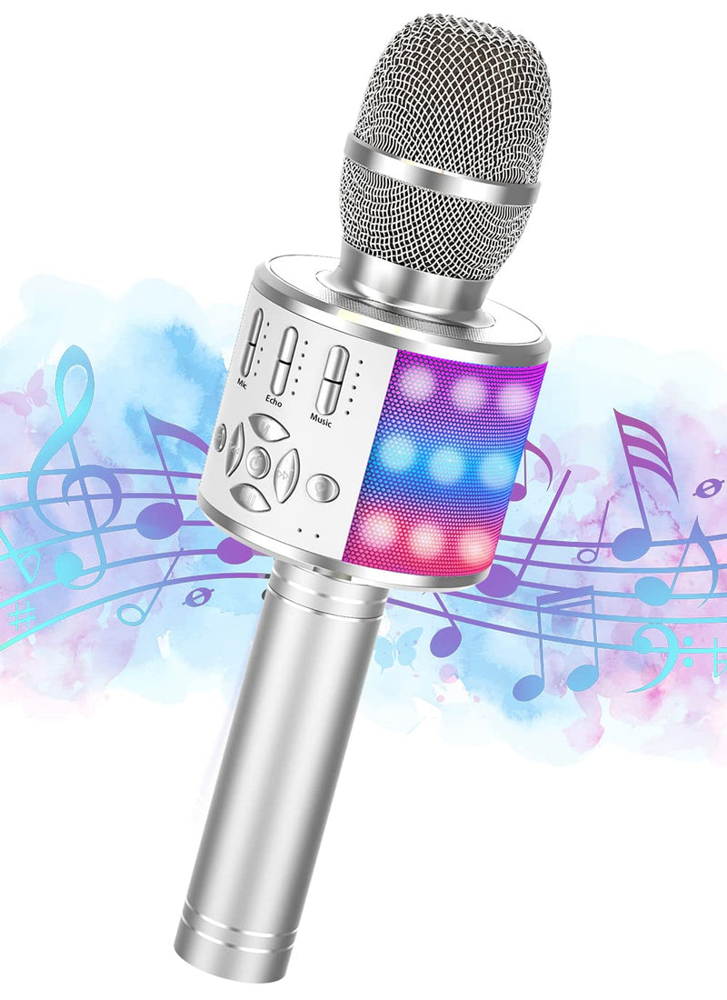 Karaoke Wireless Microphone, Ankuka Handheld Microphone, Portable Speaker Karaoke Machine Home KTV Player for Android/iOS, Record Function, Dancing LED Lights, Silver