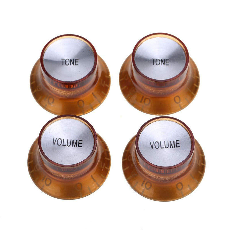 Musiclily Pro Metric Size Guitar Reflector Knobs Top Hat Bell 2 Volume 2 Tone Knobs Set for Epiphone Les Paul SG Electric Guitar, Amber with Silver Top