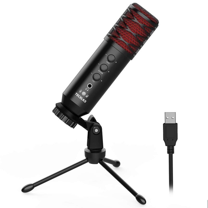 USB Microphone with Gain/Reverb/Volume/Mute Knob, TECELKS Metal Condenser Microphone for Computer, Recording Mic with Tripod for Gaming, Streaming, Podcasting, Voice Over Black
