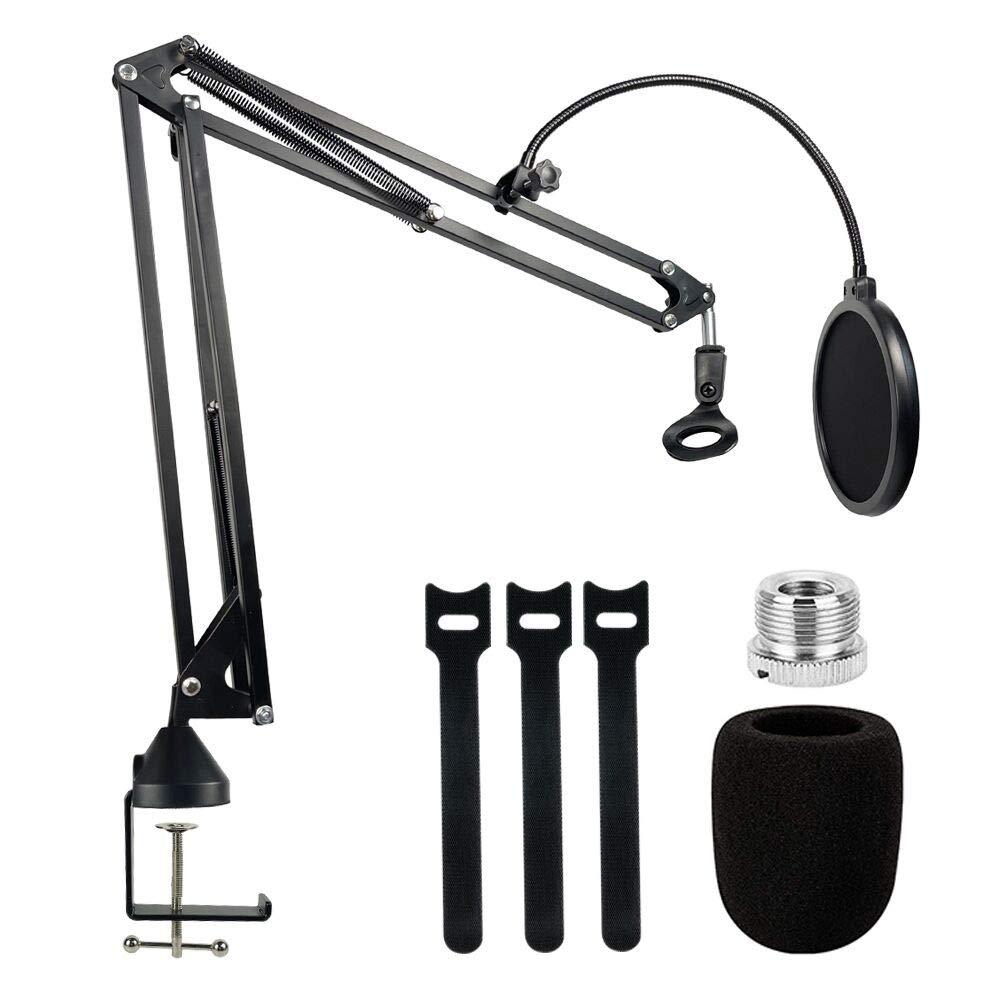 Microphone Arm Stand, ZELIER Adjustable Suspension Boom Scissor Mic Stands with Pop Filter, 3/8" to 5/8" Adapter, Mic Clip, Cable Ties, for Blue Yeti Snowball Nano Spark Ice and Other Mics