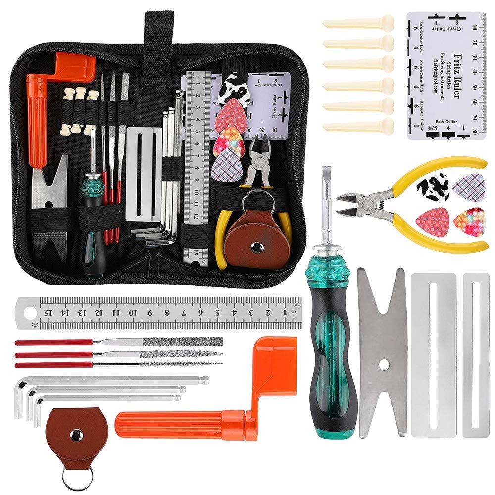 LCOUACEO 26 PCS Guitar Repairing Tool Kit Guitar Care Cleaning Tool Kit Including Wire Pliers, String Ruler Action Ruler, Spanner Wrench, Bridge Pins for Guitar Ukulele Bass