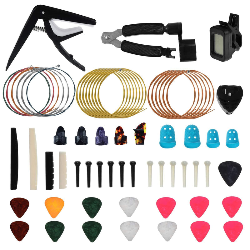 Coolty 62PCS Guitar Accessories Kit Including Guitar Picks,Capo,Tuner,Acoustic Guitar Strings,3 in 1String Winder,Bridge Pins, String Bone Bridge Saddle and Nut,Finger Picks