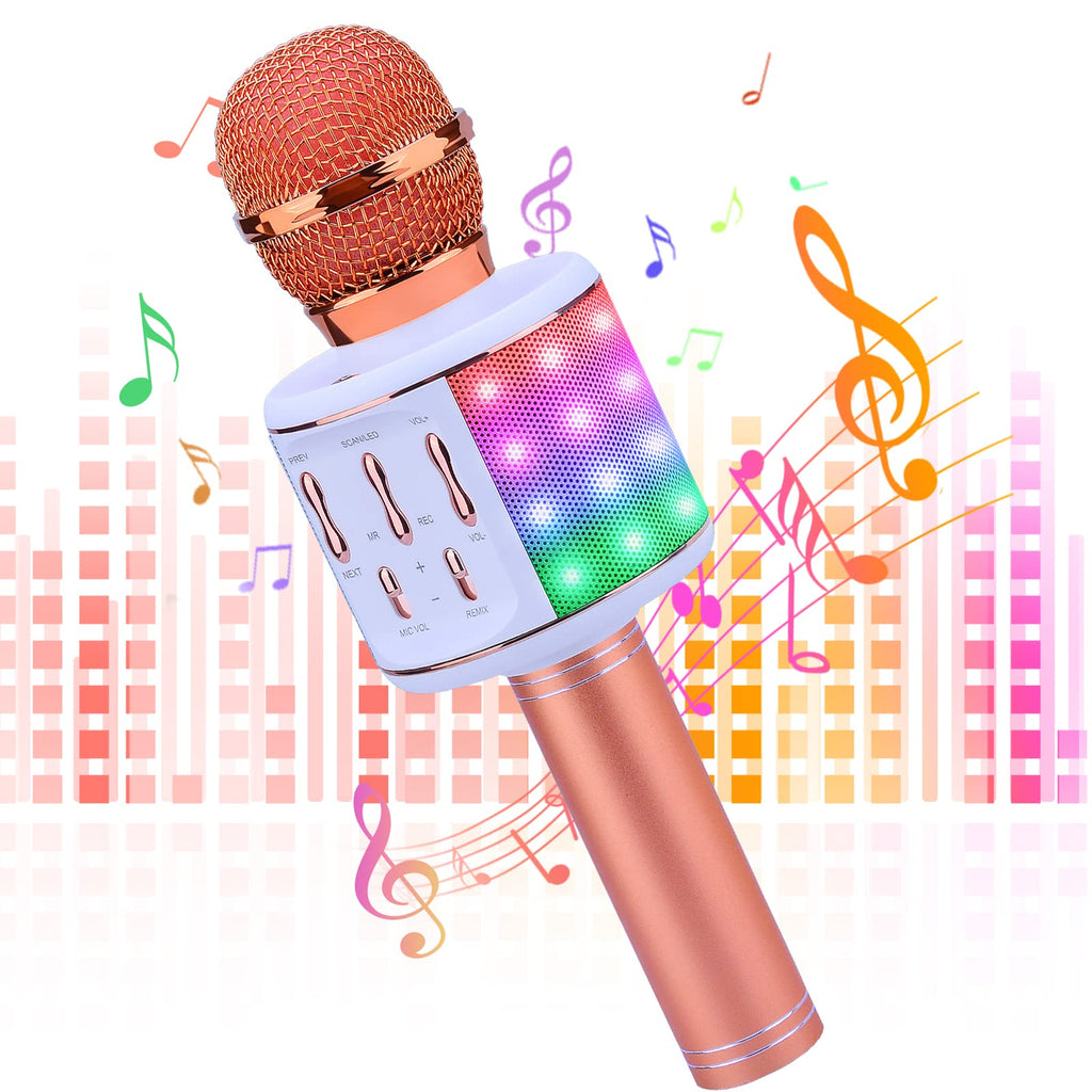 Microphone for Kids, ShinePick Karaoke Wireless Microphone, 5 Different Voice Changers, Recording Singing Microphone for Adults, Flashing Colourful Lights Portable Speaker Home KTV for Phone/Pad/TV Rose Gold