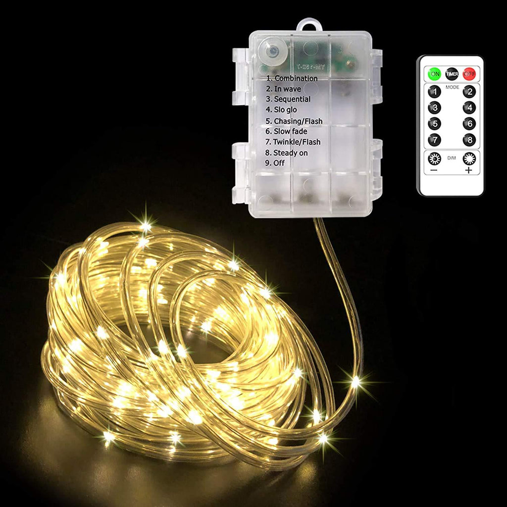 CCILAND 5m 50 LED Battery Rope Fairy Lights String Warm White with Remote, Outdoor Waterproof & Indoor Rope Light, Timer, 8 Modes Garden String Lights, Dimmable LED Rope Lights Indoor Decoration
