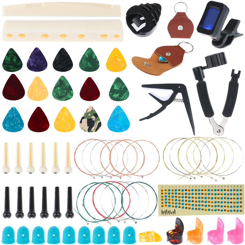 71 PCS Guitar Accessories Kit Including Guitar Strings, Guitar Tuner, 3 in 1 String Winder, Guitar Picks and Pick Holder, Guitar Bridge Pins, Finger Protect and Thumb Finger Picks for Beginner