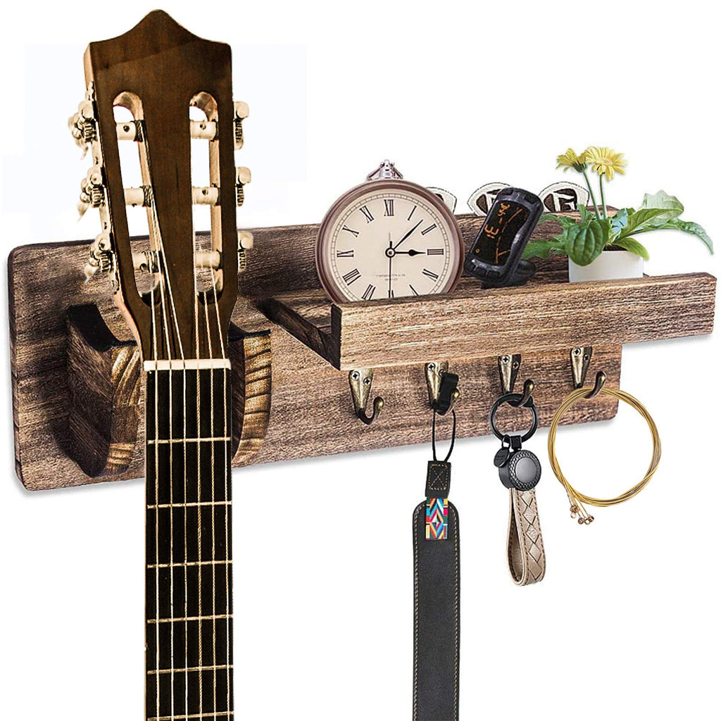 TBST Guitar Stand Wall Mount, Wood Guitar Hanging Rack with Pick Holder Storage Shelf and 4 Metal Hook for Guitar Accessories Electric Acoustic Bass Guitars