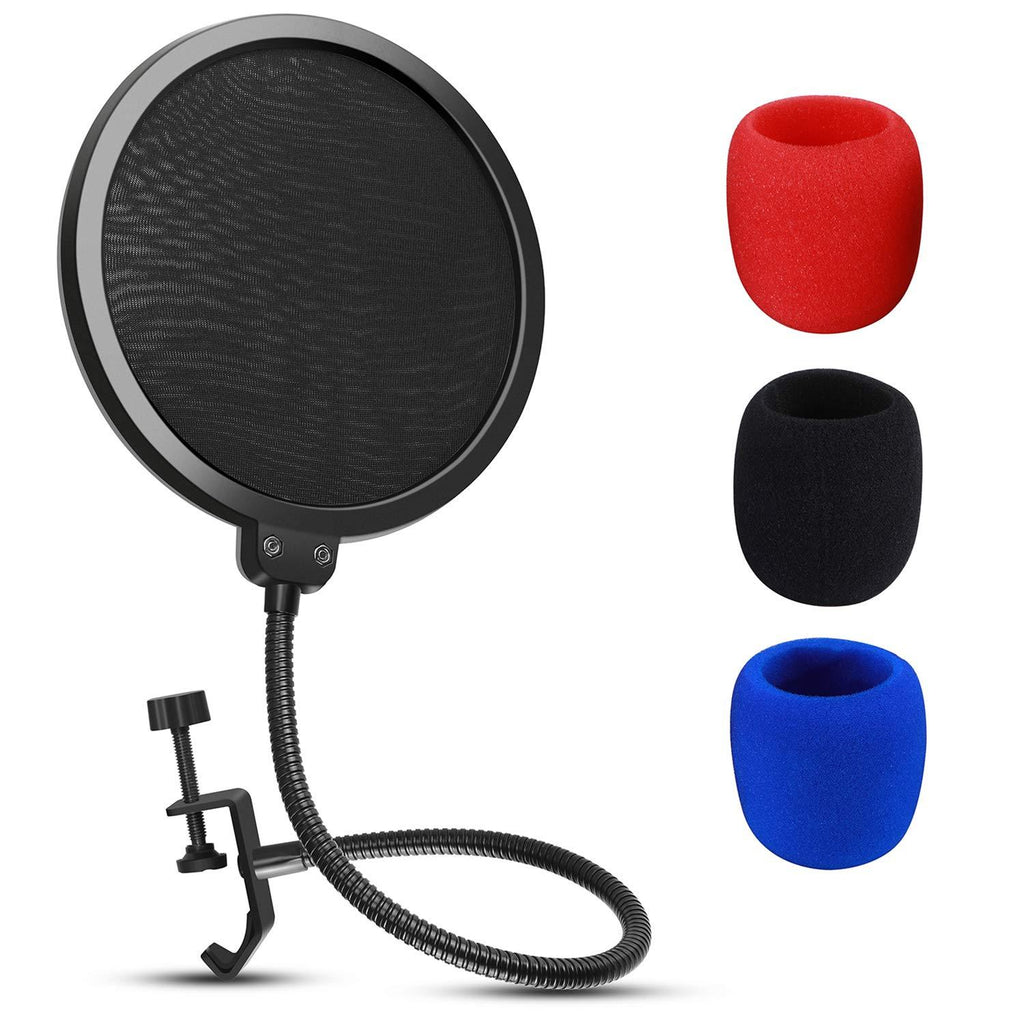 Microphone Pop Filter Shield Mesh Mask Optimized Voice Clarity Dual Layer Professional Gooseneck Flexible Wind Screen with Foam Mic Cover for Audio Studio Microphone