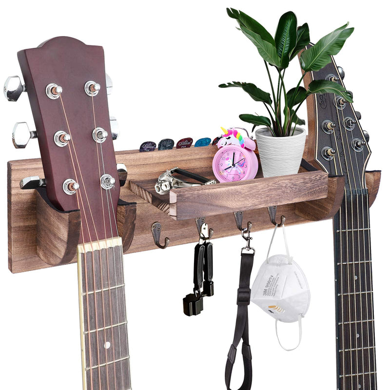 Double Guitar Wall Hangers, Wooden Guitar Wall Mount with Storage Shelf and Hooks, Guitar Holder Bracket Rack for Ukulele/Electric Guitar/Bass Guitar/Guitar Accessories (brown) brown
