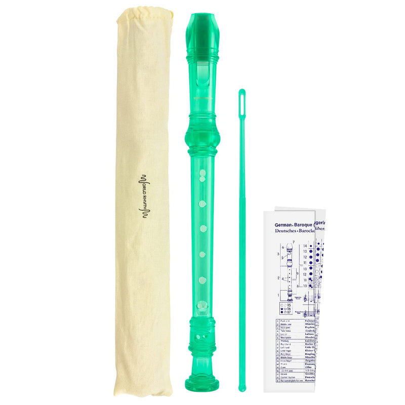 World Rhythm WR-802 School Recorder, 3 Piece Descant Recorder, Includes Cleaning Rod, Fingering Chart and Carry Bag, Green