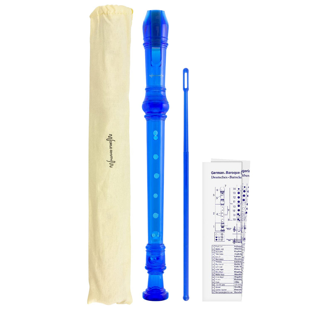 World Rhythm WR-801 School Recorder, 3 Piece Descant Recorder, Includes Cleaning Rod, Fingering Chart and Carry Bag, Blue