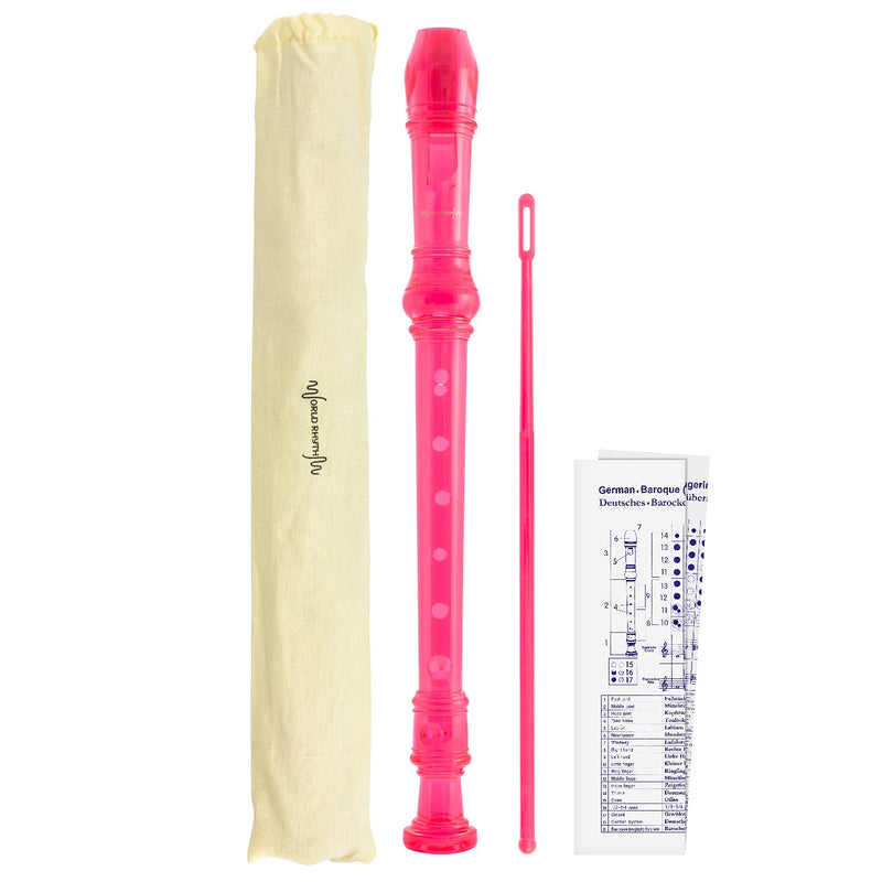 World Rhythm WR-803 School Recorder, 3 Piece Descant Recorder, Includes Cleaning Rod, Fingering Chart and Carry Bag, Pink