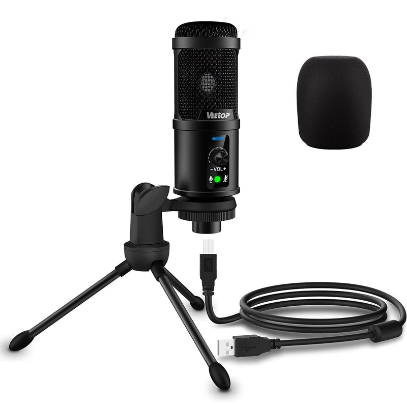 USB Microphone Veetop Metal Computer Condenser PC Mic for Gaming Podcasting Streaming Recording Voiceover YouTube Skype Twitch Zoom Cardioid with Tripod Compatible with Desktop Laptop Windows MacOS