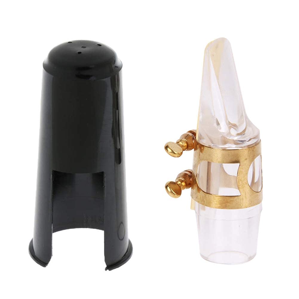 Alnicov Alto Sax Saxophone Transparent Mouthpiece with One Reed Golden Plated Ligature and Plastic Cap