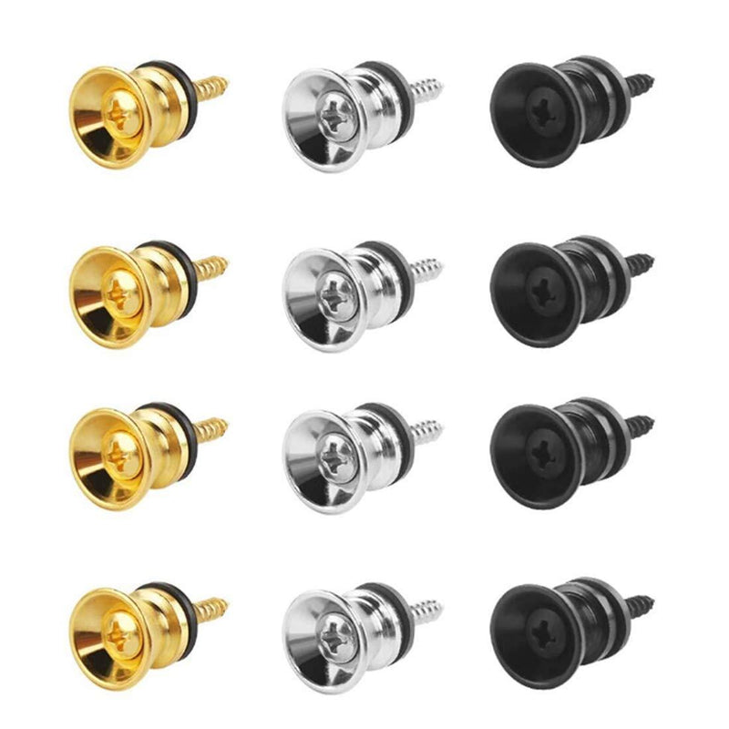 Concisea 12 Pcs Guitar Strap Lock and Button, Guitar Strap Buttons End Pins with Mounting Screws and Rubber Cushions for Electric Acoustic Guitar Bass Ukulele(Gold, Silver, Black)