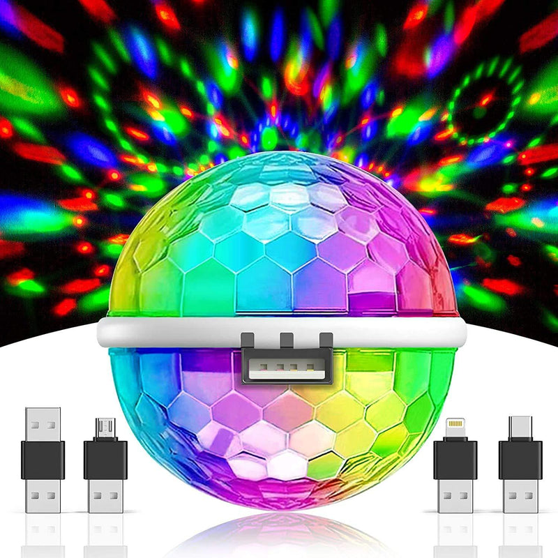 Disco Ball Lights, Mini USB Party Lights Sound Activated 3W RGB Disco Ball with 4 Adapters for Mobile Phones, Car and Other USB Devices Multi-coloured