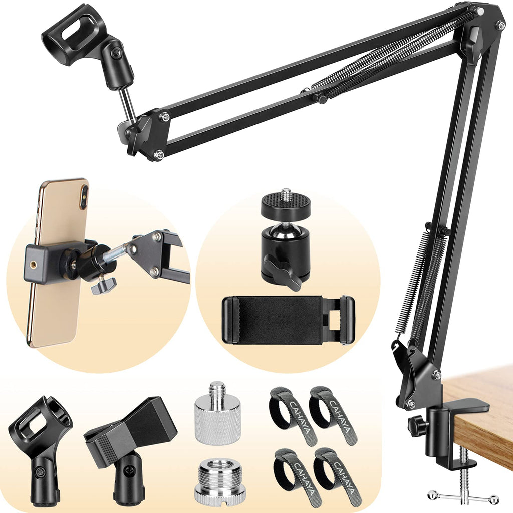 CAHAYA Microphone Stand Microphone Suspension Boom Scissor Arm Stand Adjustable 3/8" to 5/8" and 3/8" to 1/4" Screw Adapter Black