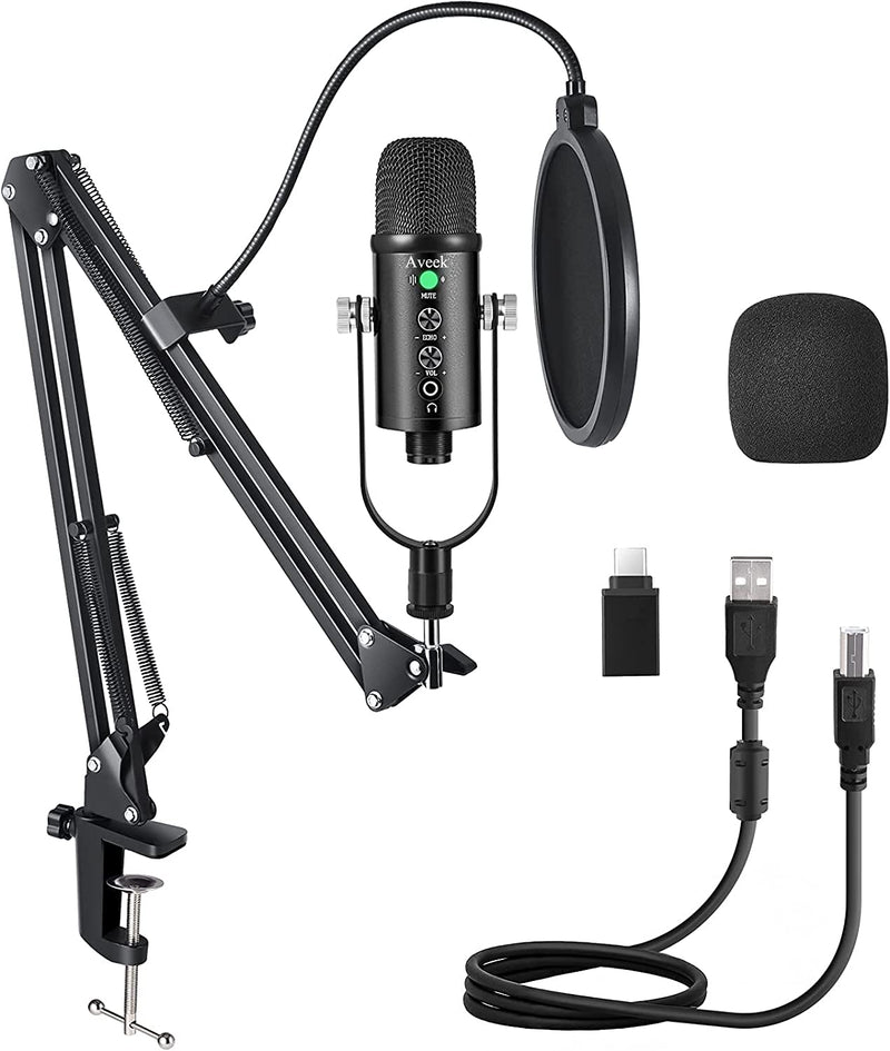 USB Microphone Kit, Aveek Metal Condenser Microphone Podcast Microphone Kit with Noise-Canceling and Headphone Monitoring for Streaming Recording,MacOS,Windows,Type-C Phone