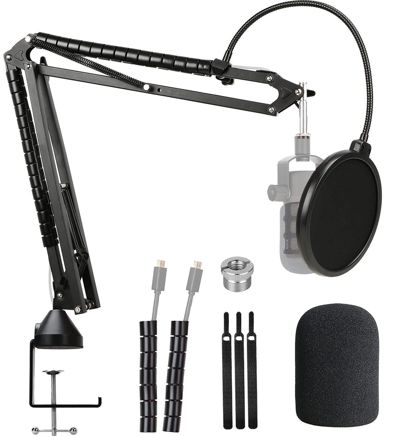 YOUSHARES Mic Stand with Windscreen and Dual Layered Mic Pop Filter Compatible with Rode PodMic Podcasting Microphone