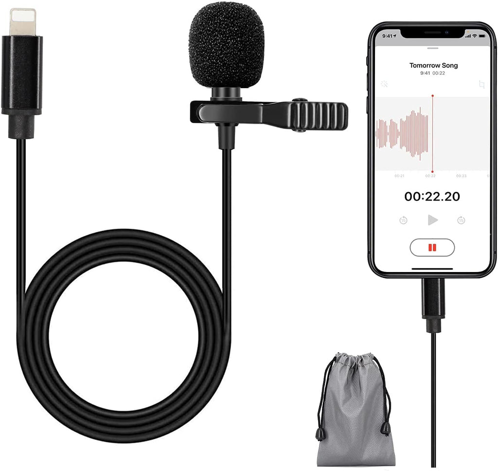 Hearkey Recording Microphone 1.5M Compatible with Phone 12/11/ 11 Pro/ 11 Pro Max and Pad/Pod, Lavalier Clip on Omnidirectional Condenser Lapel Mic, YouTube Interview Vlog Livestream