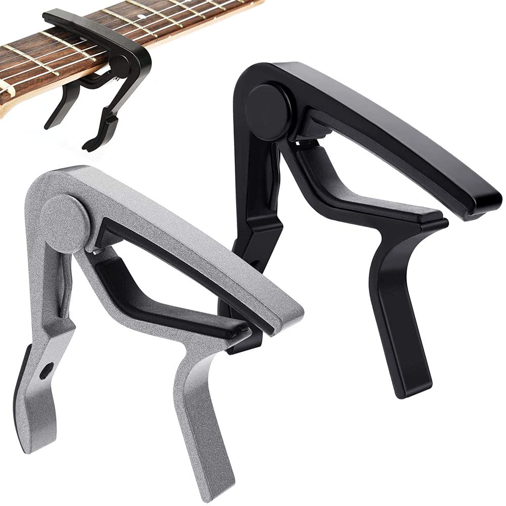 2 Pieces Guitar Capo for Acoustic, Capo for Acoustic Electric Guitars, Metal Capo, Metal Durable Capo for Acoustic Electric Guitar, Ukulele, Bass, Mandolin, Banjo Capo (Black, Silver)