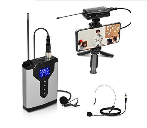 UHF Wireless Headset Microphone/Lavalier Lapel Mic with Bodypack Transmitter & Mini Receiver Compatible with Android/iPhone, DSLR Camera, Lapel Mic for Interview Vlog Video Recording - Bomaite Q7