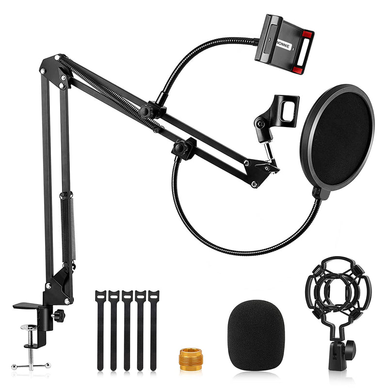 Microphone Arm Stand, WONNIE Mic Boom Arm with Adjustable Suspension Scissor Arm Stand, Pop Filter, 3/8" to 5/8" Screw Adapter, Mic Clip, Phone Holder, for Blue Yeti, Blue Snowball and Other Mics