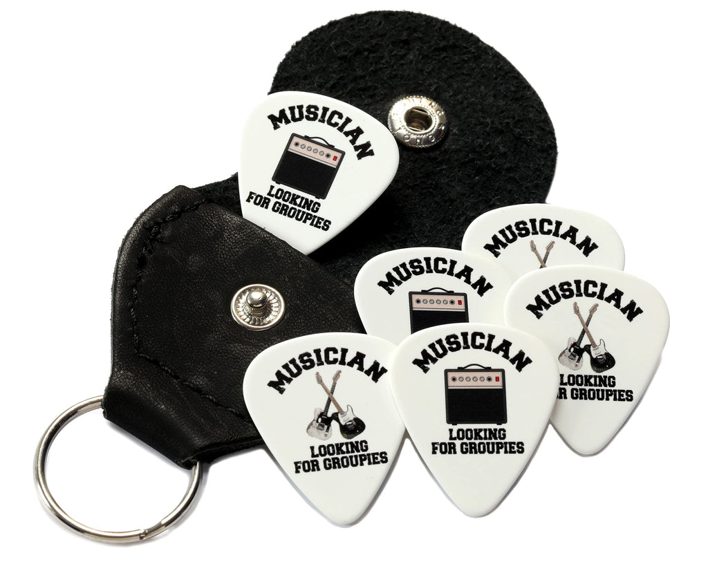 6 Musician Looking For Groupies Guitar Picks with Leather Plectrum Holder Keyring