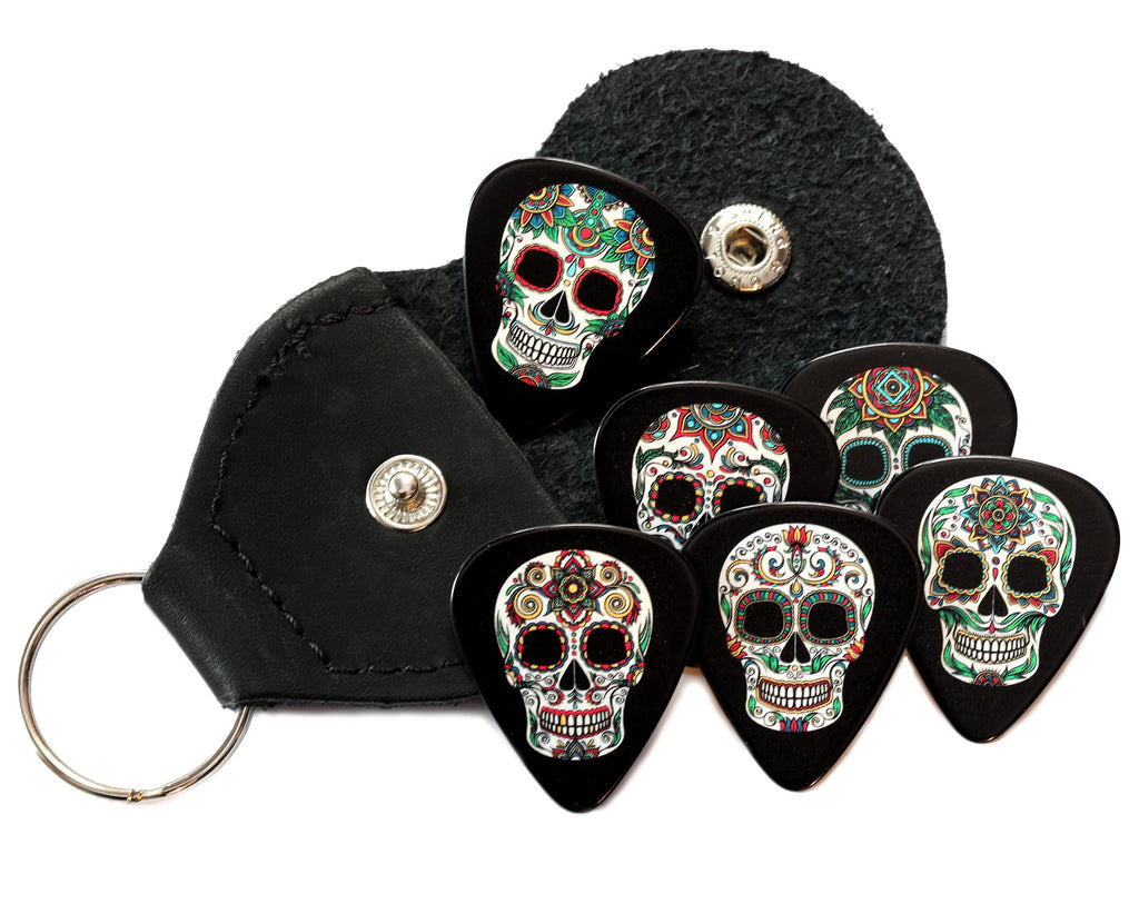 6 Black Sugar Skull Guitar Picks With Leather Keyring Plectrum Holder