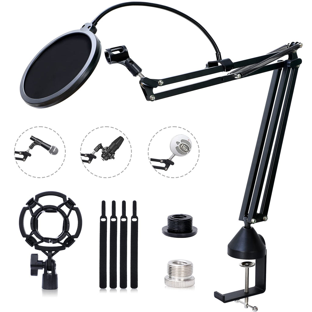 Microphone Stand Set with Shock Mount, Mic Clip Holder, Pop Filter, Screw Adapter, Table Mounting Clamp, Five Cable Ties, Professional Recording Equipment