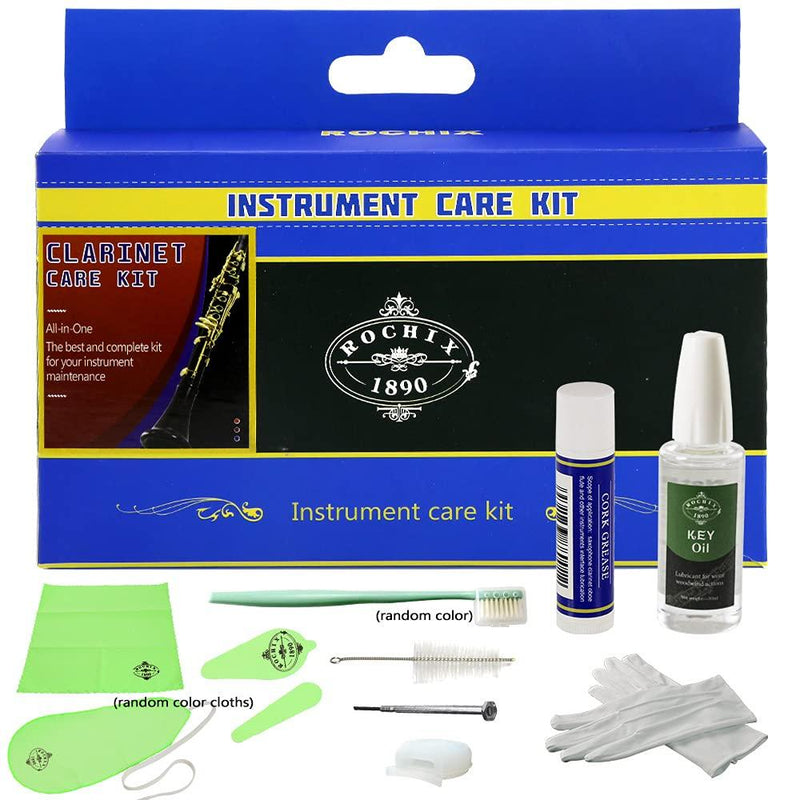 Rochix Clarinet Cleaner Care Cleaning Kit,Maintenance Kit,Green,Key Oil,Cork Grease,Swab,Cleaning Cloth,Thumb Rest,Mouthpiece Brush and More(Random color cloths)