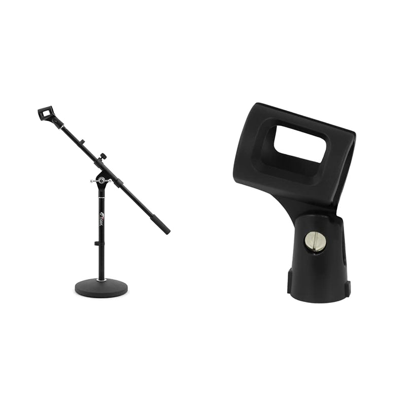 Tiger MCA42-BK Desktop Boom Microphone Stand - Weighted Round Base Black & Tiger MCA84-BK Universal Rubber Grip Microphone Clip + Clip