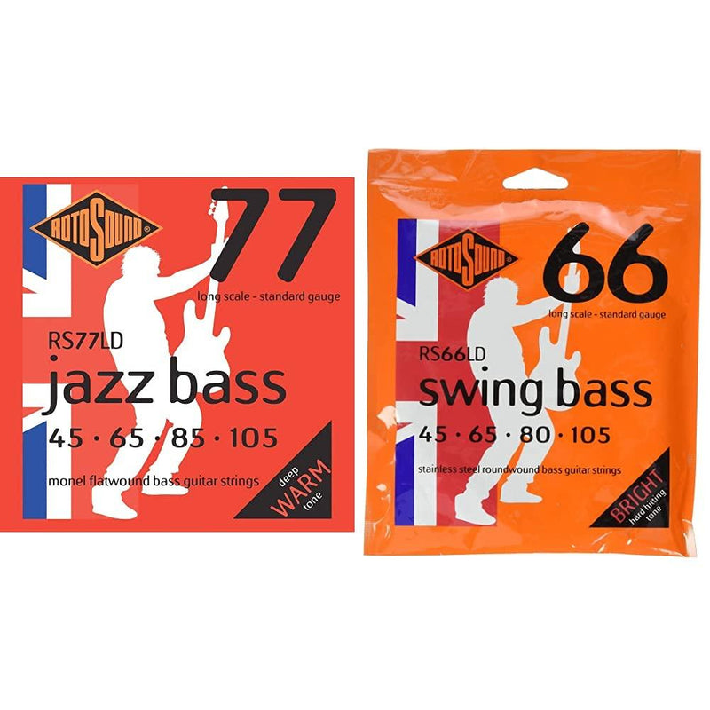 Rotosound Monel Standard Gauge Flatwound Bass Strings (45 65 85 105), RS77LD & Stainless Steel Standard Gauge Roundwound Bass Strings (45 65 80 105), RS66LD + Strings (45 65 80 105)