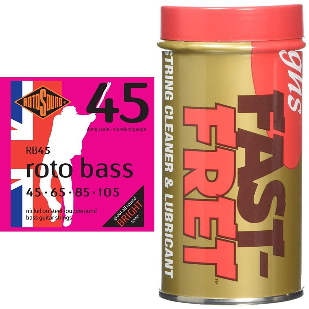 Rotosound RB45 Nickel Standard Light Gauge Roundwound Bass Strings (45 65 85 105) & GHS Fast Fret Guitar String Cleaner and Lubricant