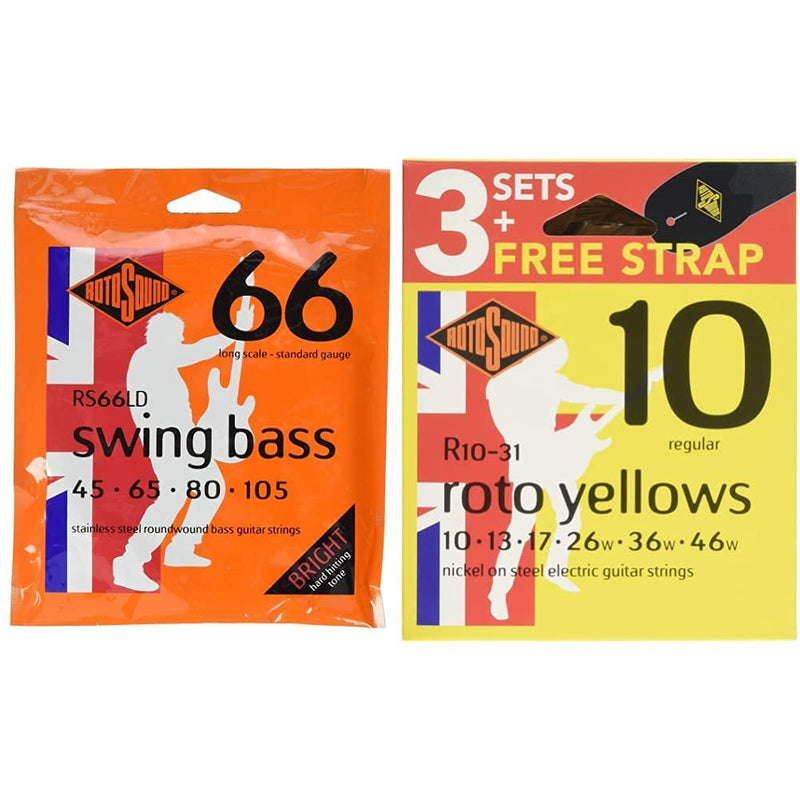 Rotosound Stainless Steel Standard Gauge Roundwound Bass Strings (45 65 80 105), RS66LD & R10-31 Electric Guitar Strings with Strap (Pack of 3) R10 Regular 10-46 + R10-31 Strings