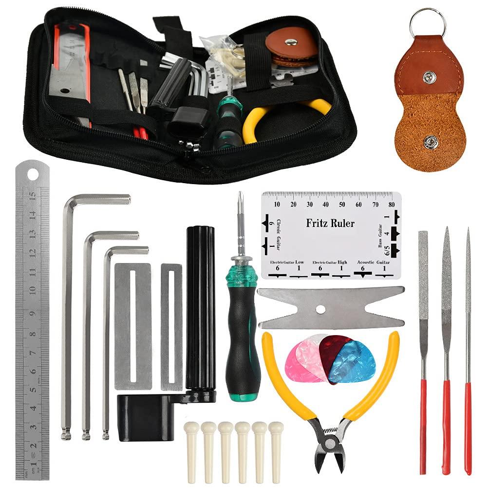 Guitar Repairing Maintenance Tool Kit Guitar Care Cleaning Tool 26Pcs SetIncluding Wire Pliers, String Ruler Action Ruler, Spanner Wrench, Bridge Pins Guitar Care Tool for Guitar Ukulele Bass Banjo