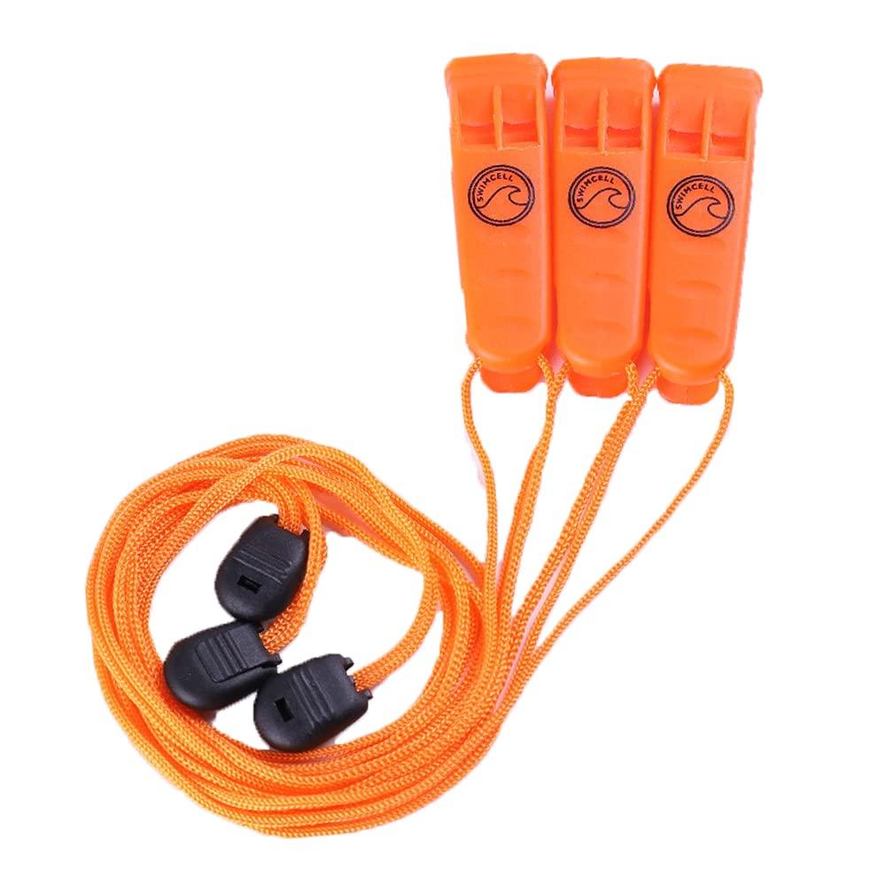 SwimCell Emergency Whistle. Marine, Safety Swimming Whistle. Orange, Pealess, 2 Tone For Rescue, Swimming, Hiking, Outdoor, Sports. Extra Loud >85dbl. 90cm Lanyard and Clip. Pack of 3.