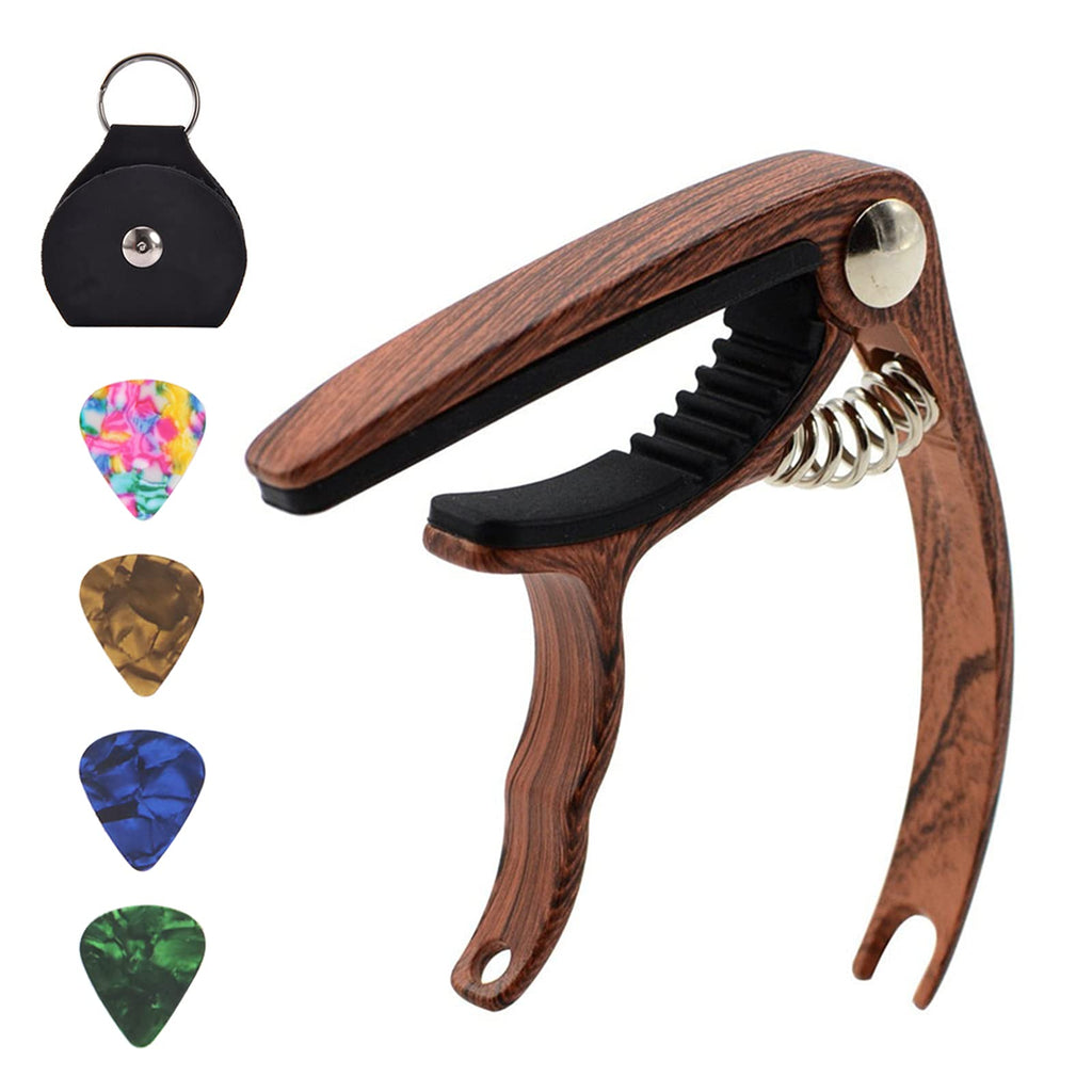 Mecmbj Guitar Capo and Picks, Ukelele Capo Guitar Accessories with 4 Pieces Guitar Picks for Acoustic Guitar, Electric Guitar, Classical Guitar, Bass (Wooden Color)