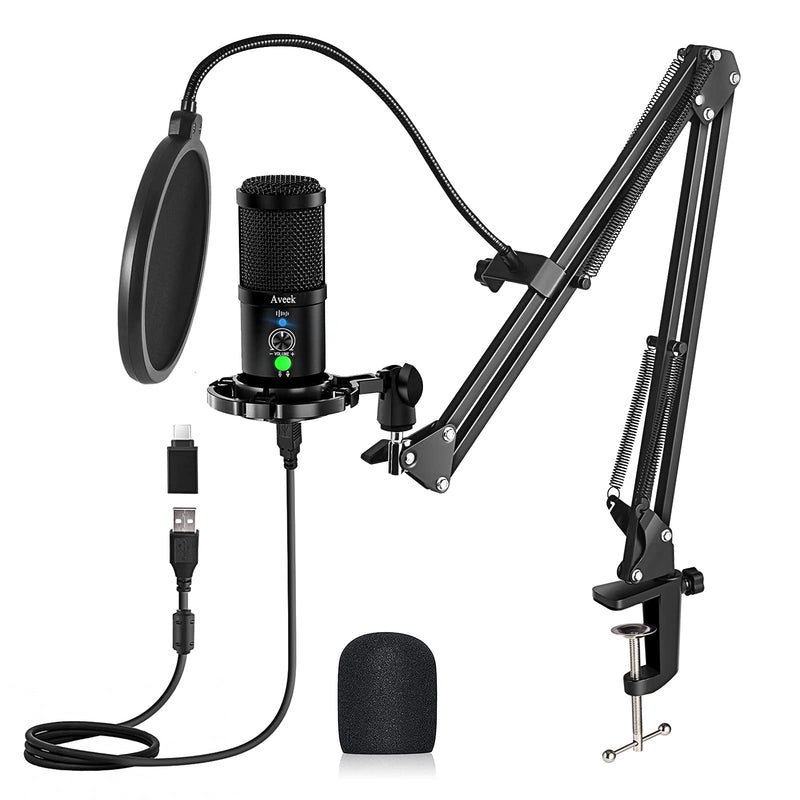 USB Microphone Kit 192KHZ/24BIT, Aveek Podcast PC Microphone with Mute, Headset Monitoring & Noise Cancelling, Cardioid Condenser Mic with Boom Arm for Computer and Phone, YouTube, Gaming, Recording