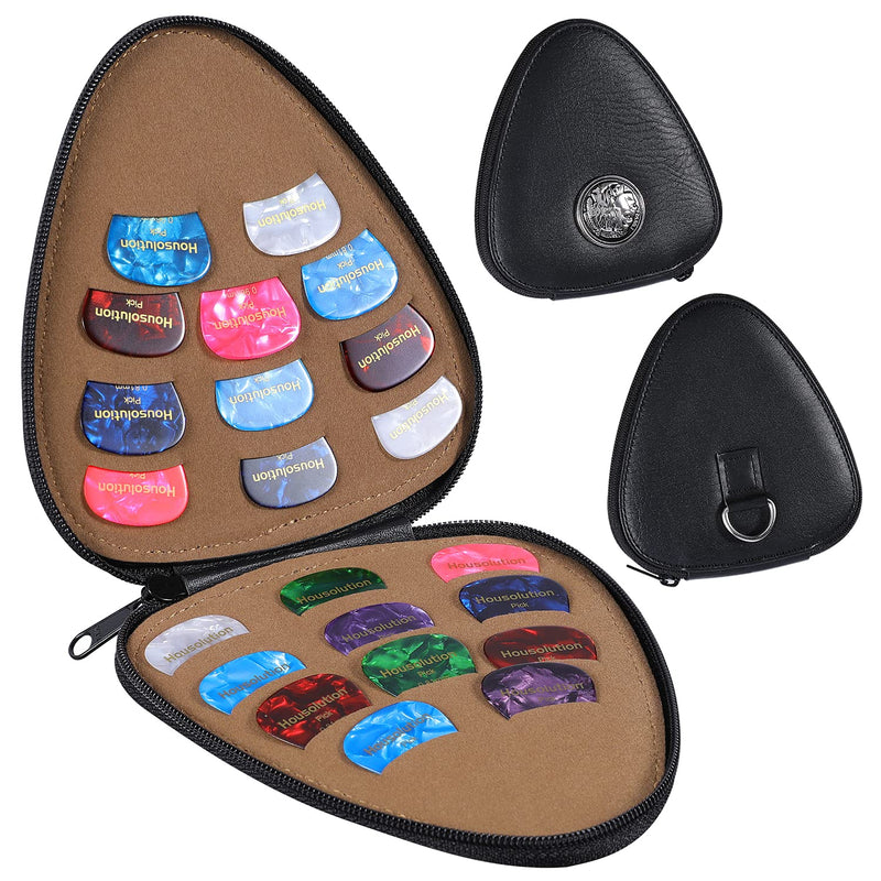 Housolution Guitar Picks Holder Case with Zipper, 22 Pcs Guitar Picks (6 Thickness), PU Leather Guitar Plectrums Bag for Acoustic Electric Guitar, Variety Pack Picks Storage Box Pouch, Black