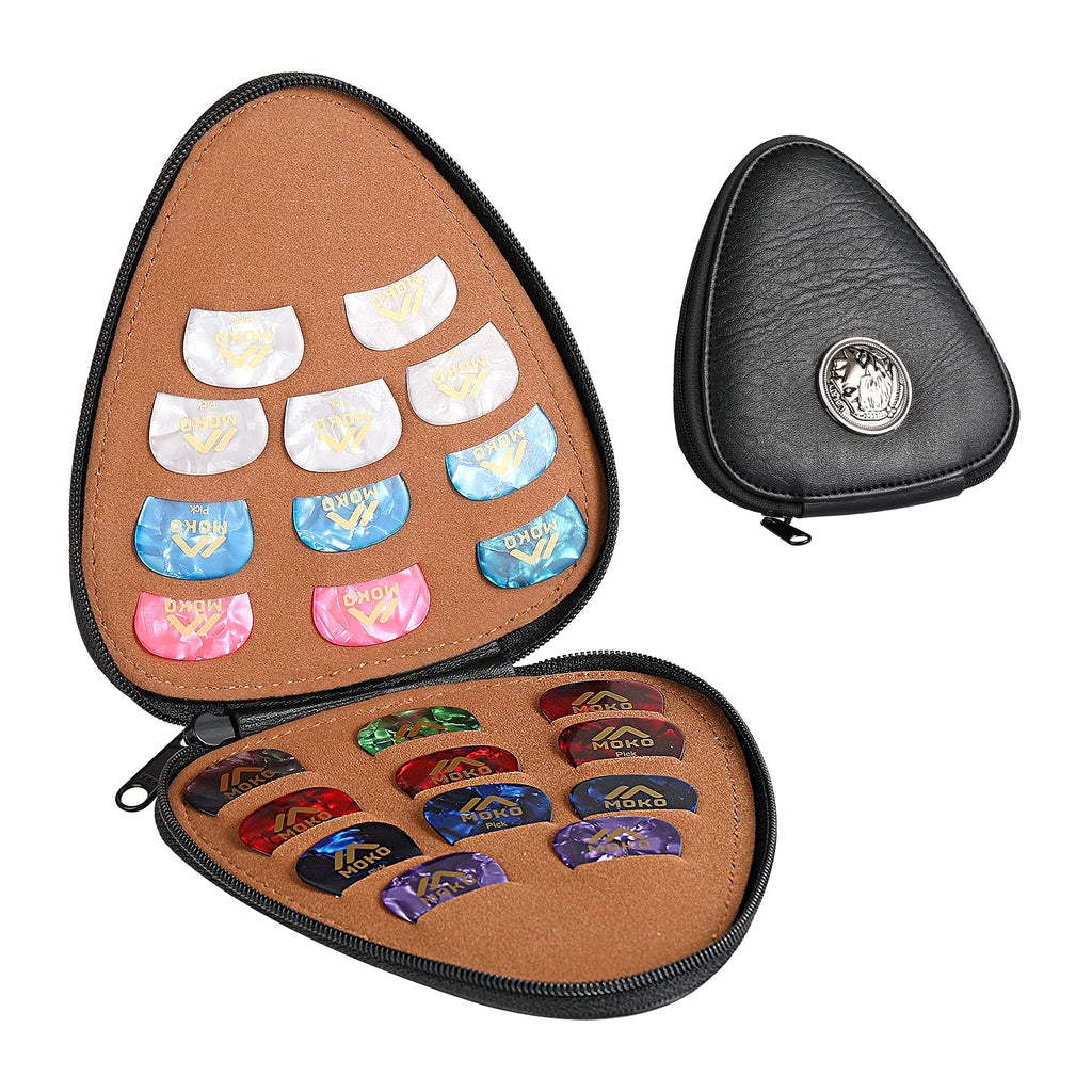 MoKo Guitar Pick Holder Case with 22pcs Picks in Multiple Thicknesses, PU Leather Guitar Picks Display with 22 Slots, Portable Acoustic Electric Guitar Colorful Picks Organizer with Zipper, Black