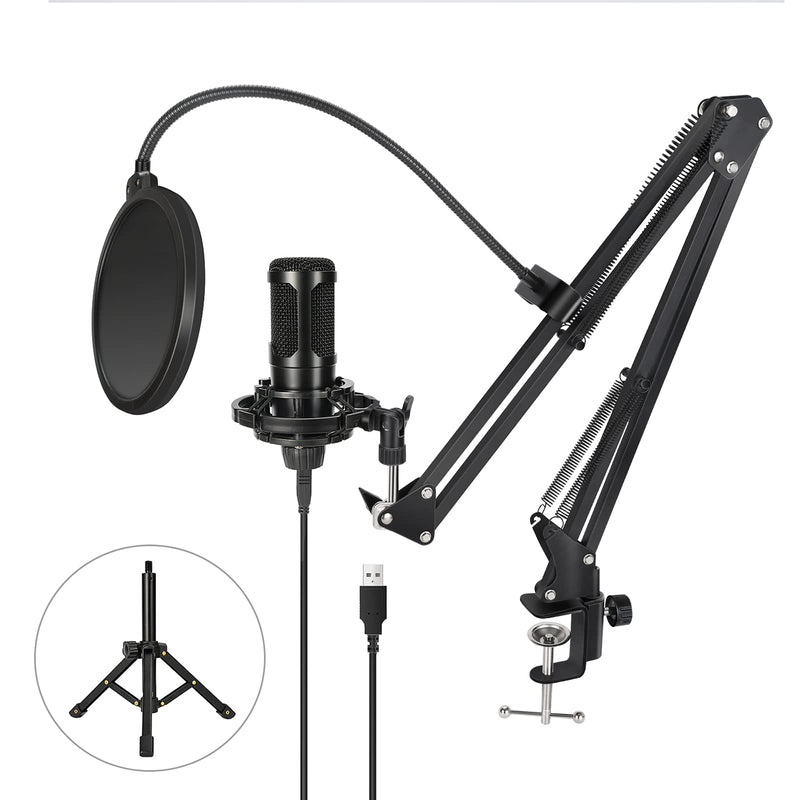 USB Podcasting Microphone Kit, Professional Condenser Computer Cardioid Mic 192KHZ/24Bit with Boom Arm Shock Mount and Tripod for Recording, Streaming, Gaming, etc.