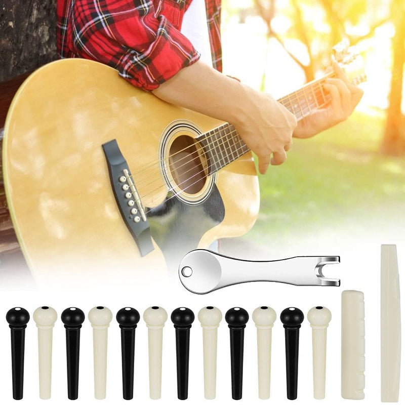 BUENTYA 15 Pcs Guitar Bridge Pins Set, Acoustic Guitar Bridge Pins Pegs Bridge Pin Puller Remover with 12 Pcs Guitar Bridge Pins 1Pcs Guitar Pins Puller 1 Pcs Upper Nut and 1 Pcs Bottom Saddle