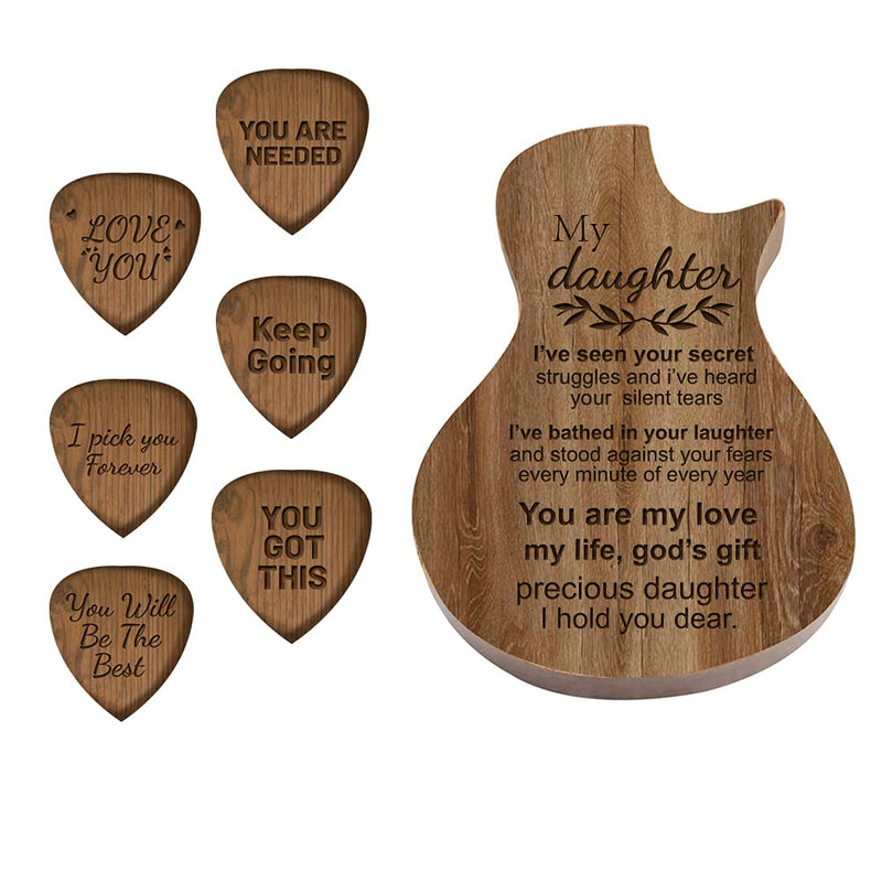 SUPERDANT Daughter Theme Guitar Pick Box Holder Wooden with 6 pcs Wood Guitar Picks Guitar Shaped Guitar Pick Box Plectrum for Guitarist Musician Gift Musical Instrument Parts