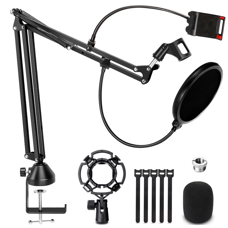 Kbladud Microphone Stand, Adjustable Suspension Boom Arm Mic Stand with Shock Mount, Desk Clamp, 3/8" to 5/8" Adapter, Upgraded Heavy Duty Clamp for Blue Yeti Nano Snowball Ice and Other Mics