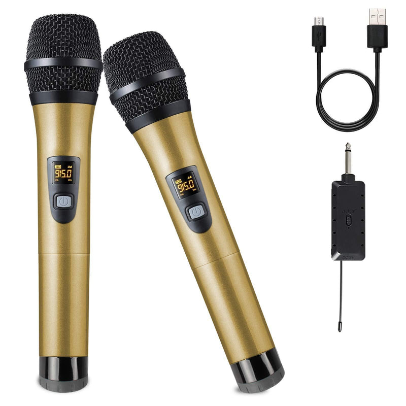 Wireless Microphone, ALLWIN Dual Handheld Dynamic Mic Set with 192KHZ/24Bit, Professional UHF Cordless Dynamic Mic System, Rechargeable Receiver for Voice Amplifier, PA System, Party, Church(Gold) Gold
