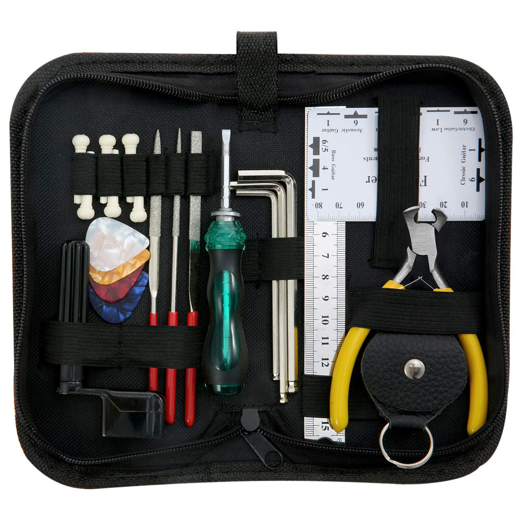 summina Guitar Repairing Maintenance Cleaning Tool Kit Includes String Ruler Gauge Measuring Tool Hex Wrench Set Files String Winder String Cutter Bridge Pins Picks Bag for Guitar Ukulele