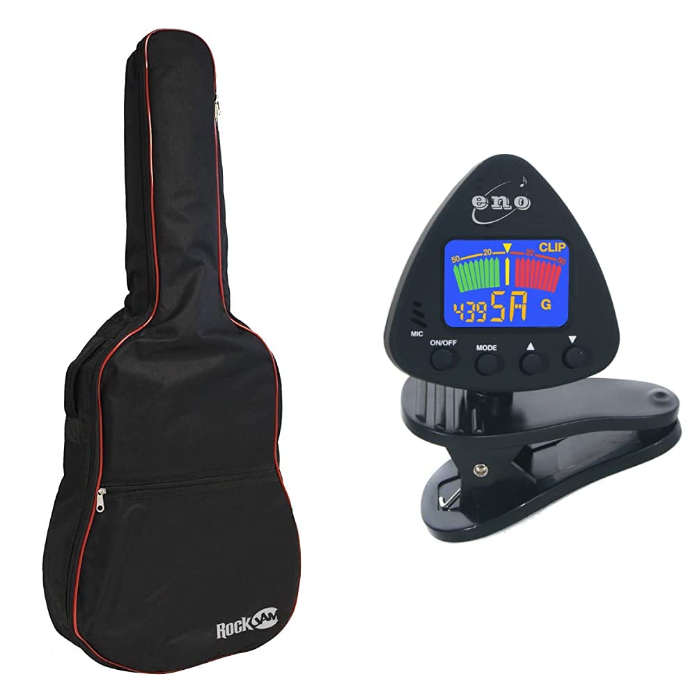 RockJam DGB-02 Padded Acoustic Guitar Bag with Carry Handle and Shoulder Strap & ENO 20537 Clip on Guitar Tuner Clip on Ukulele Tuner Bass Tuner Violin Tuner Chromatic Tuner with Battery Included