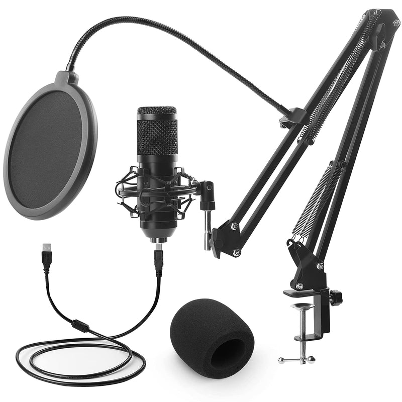 Condenser Microphone Professional Kit 48kHZ/16Bit, Condenser Computer Cardioid Mic USB Microphone Kit with Boom Arm, Shock Mount, Pop Filter for Game, Youtube, Recording, Podcast, Studio, Voice Over