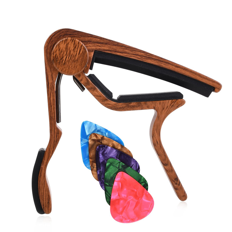 Alnicov Guitar Capo for Acoustic and Electric Guitars with 5 Picks(Random Colors),Woodcolor